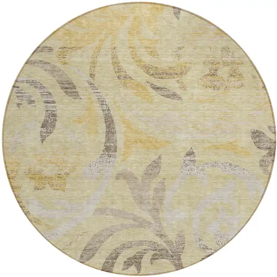 8' Gold Beige And Taupe Round Floral Washable Indoor Outdoor Area Rug Photo 1