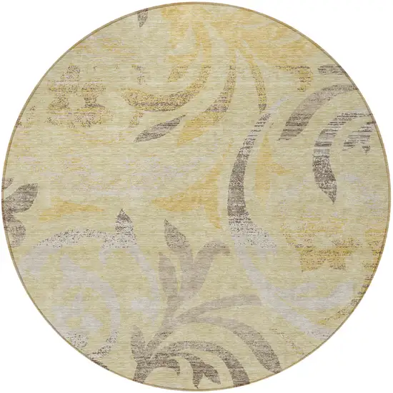 8' Gold Beige And Taupe Round Floral Washable Indoor Outdoor Area Rug Photo 4