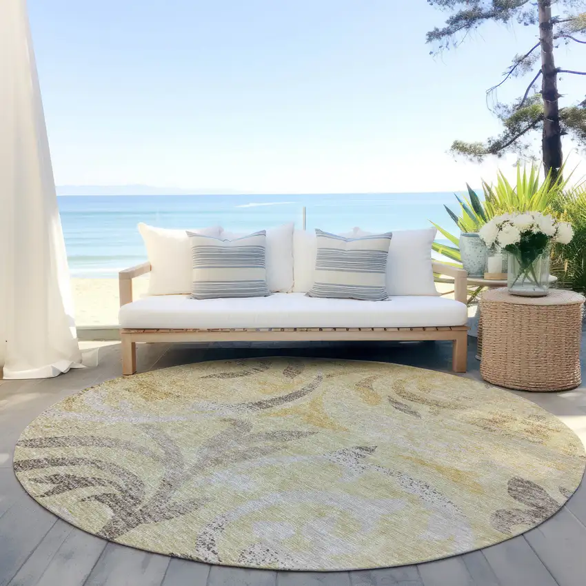 8' Gold Beige And Taupe Round Floral Washable Indoor Outdoor Area Rug Photo 5