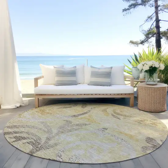 8' Gold Beige And Taupe Round Floral Washable Indoor Outdoor Area Rug Photo 5