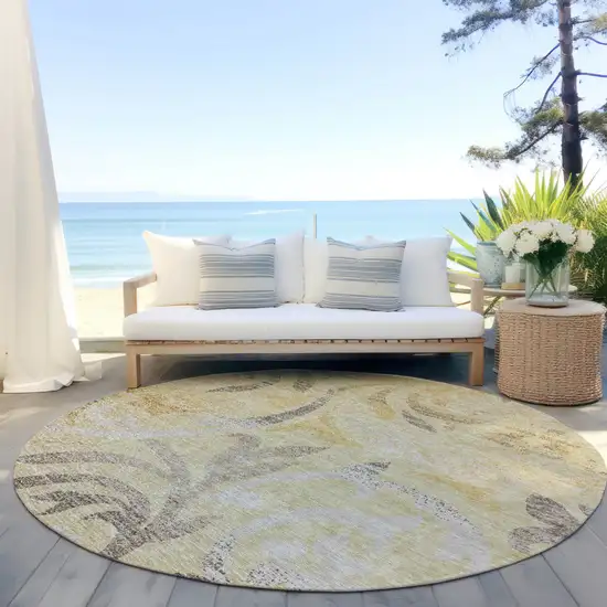 8' Gold Beige And Taupe Round Floral Washable Indoor Outdoor Area Rug Photo 5