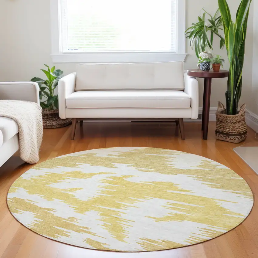 8' Gold Beige And Wheat Abstract Washable Round Rug With UV Protection Photo 4