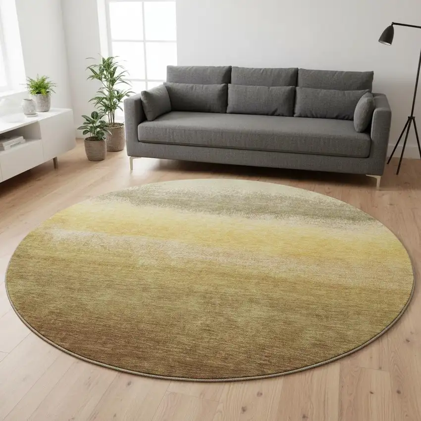 8' Gold Beige And Wheat Ombre Washable Round Rug With UV Protection Photo 2
