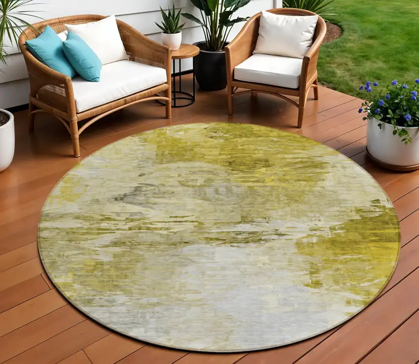 8' Gold Beige And Wheat Round Abstract Washable Indoor Outdoor Area Rug Photo 1