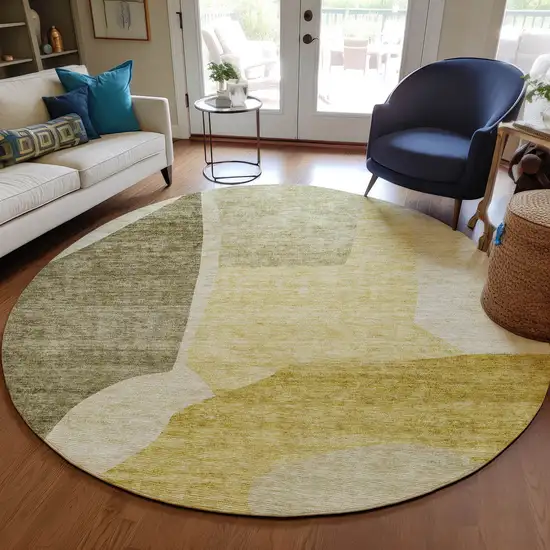 8' Gold Beige And Wheat Round Abstract Washable Indoor Outdoor Area Rug Photo 6