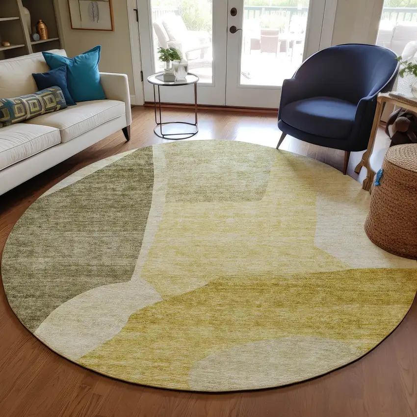 8' Gold Beige And Wheat Round Abstract Washable Indoor Outdoor Area Rug Photo 6