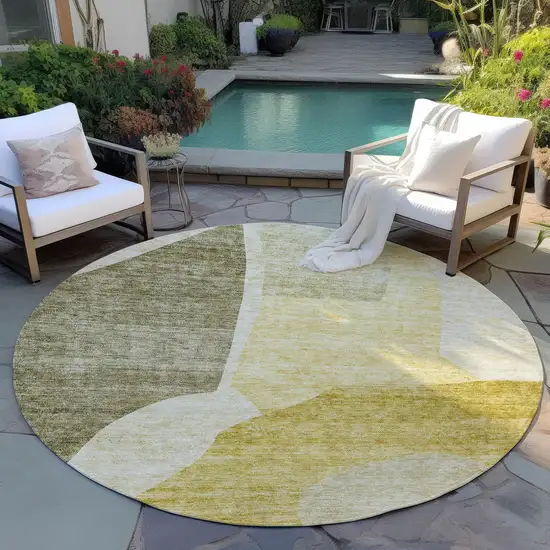 8' Gold Beige And Wheat Round Abstract Washable Indoor Outdoor Area Rug Photo 5