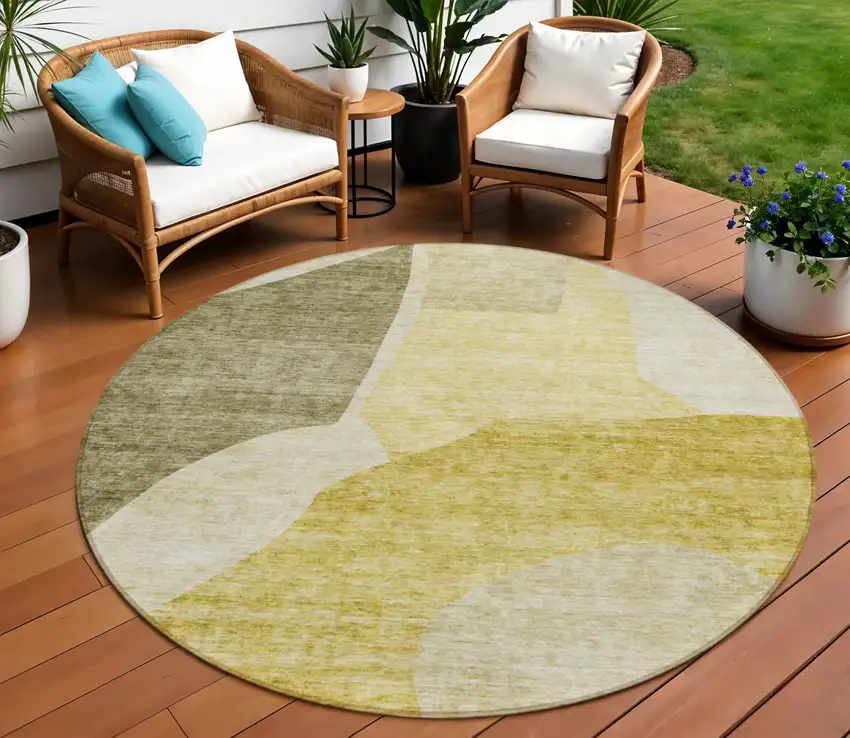 8' Gold Beige And Wheat Round Abstract Washable Indoor Outdoor Area Rug Photo 1