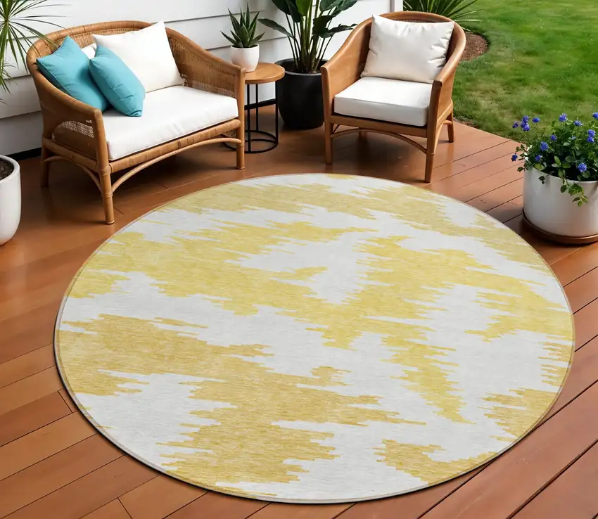 8' Gold Beige And Wheat Round Abstract Washable Indoor Outdoor Area Rug Photo 1