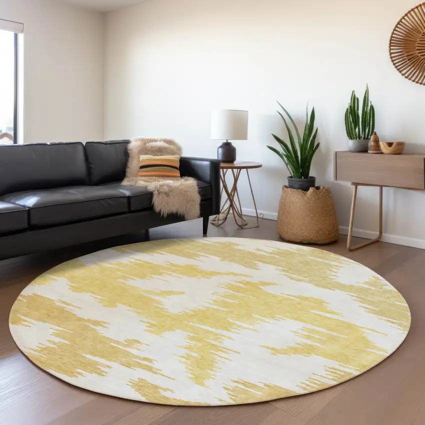 8' Gold Beige And Wheat Round Abstract Washable Indoor Outdoor Area Rug Photo 7