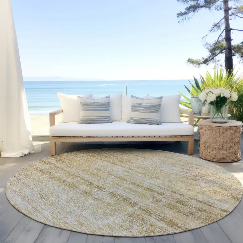 8' Gold Beige And Wheat Round Abstract Washable Indoor Outdoor Area Rug Photo 5