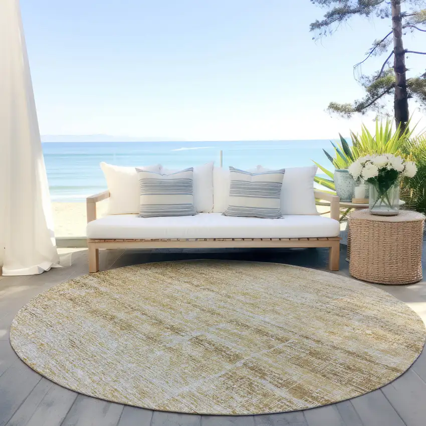 8' Gold Beige And Wheat Round Abstract Washable Indoor Outdoor Area Rug Photo 5