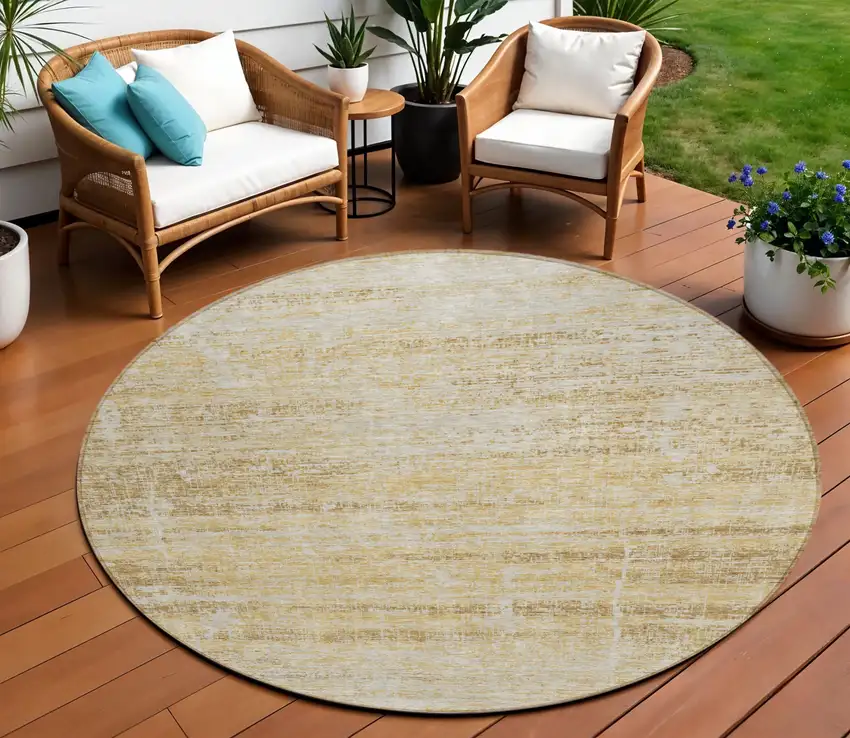 8' Gold Beige And Wheat Round Abstract Washable Indoor Outdoor Area Rug Photo 1