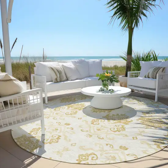 8' Gold Beige And Wheat Round Oriental Washable Indoor Outdoor Area Rug Photo 6