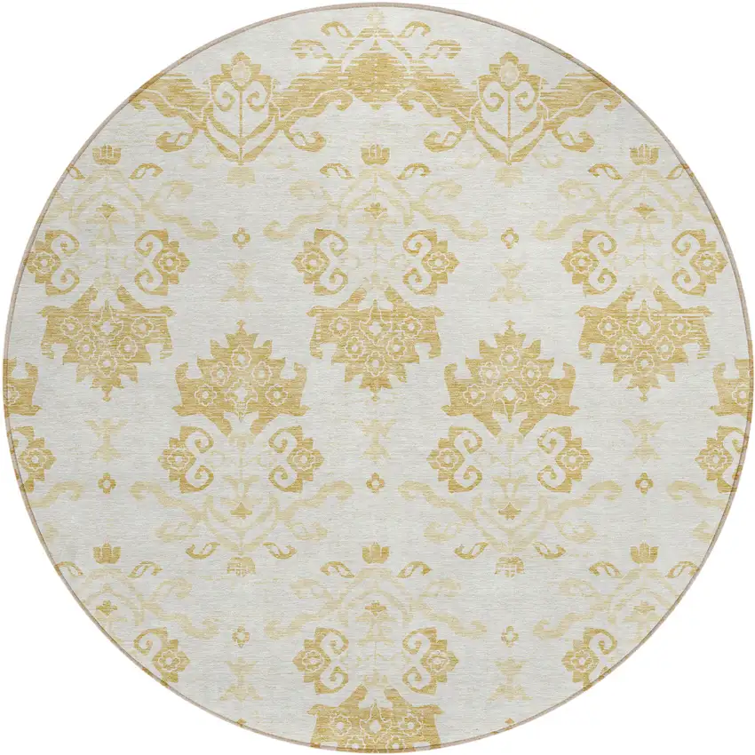 8' Gold Beige And Wheat Round Oriental Washable Indoor Outdoor Area Rug Photo 1