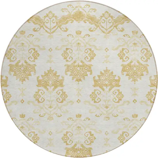 8' Gold Beige And Wheat Round Oriental Washable Indoor Outdoor Area Rug Photo 1