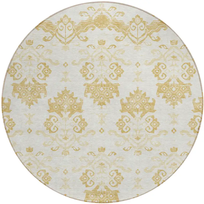 8' Gold Beige And Wheat Round Oriental Washable Indoor Outdoor Area Rug Photo 1