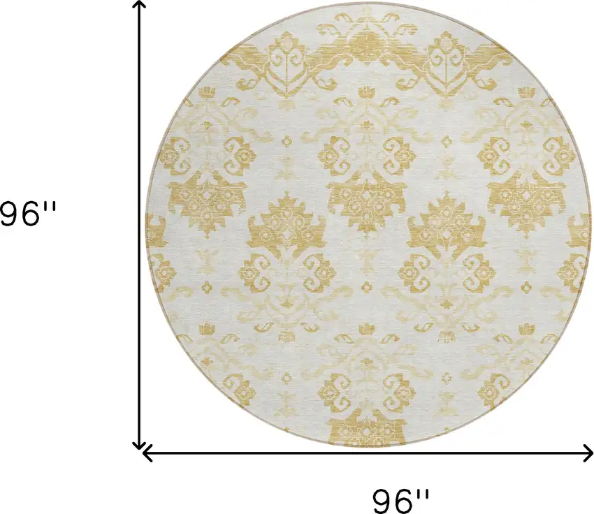 8' Gold Beige And Wheat Round Oriental Washable Indoor Outdoor Area Rug Photo 3
