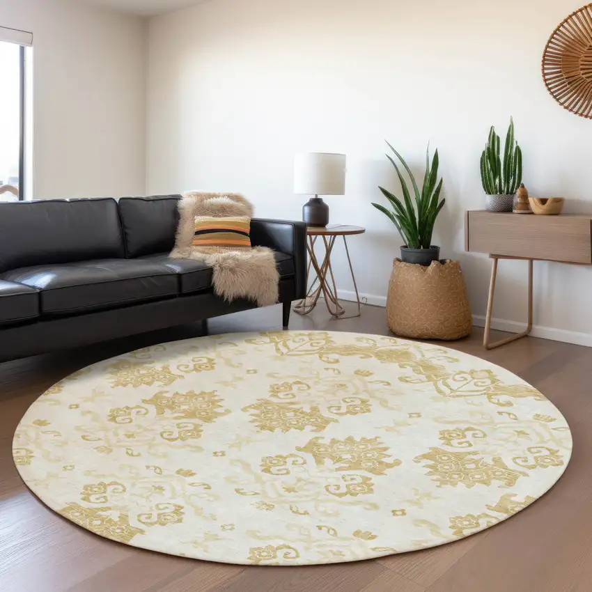 8' Gold Beige And Wheat Round Oriental Washable Indoor Outdoor Area Rug Photo 7