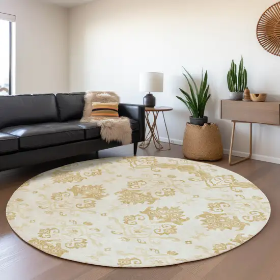 8' Gold Beige And Wheat Round Oriental Washable Indoor Outdoor Area Rug Photo 7