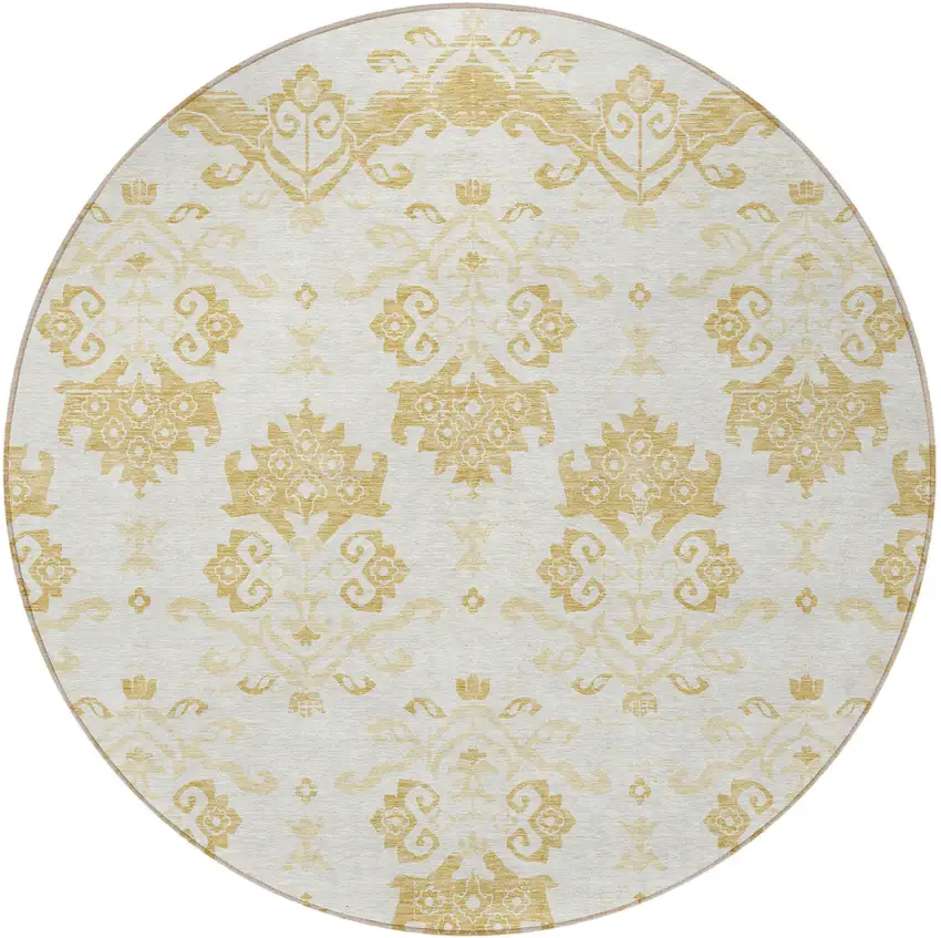 8' Gold Beige And Wheat Round Oriental Washable Indoor Outdoor Area Rug Photo 5