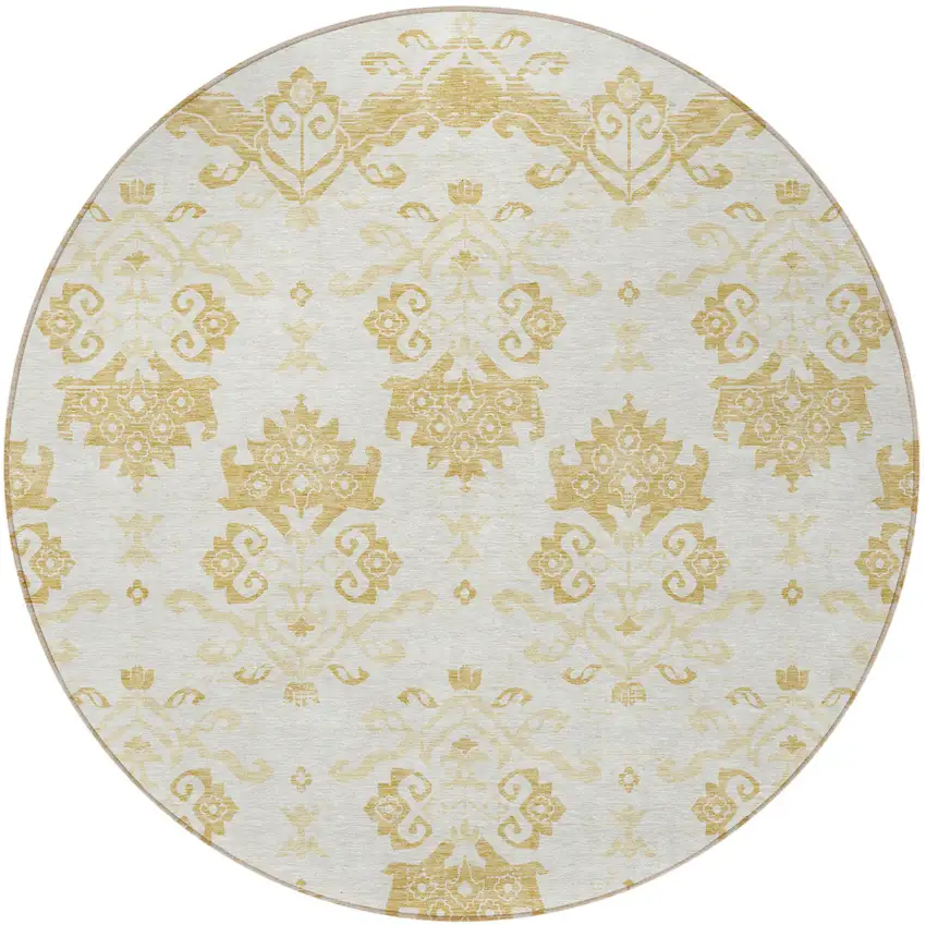 8' Gold Beige And Wheat Round Oriental Washable Indoor Outdoor Area Rug Photo 5