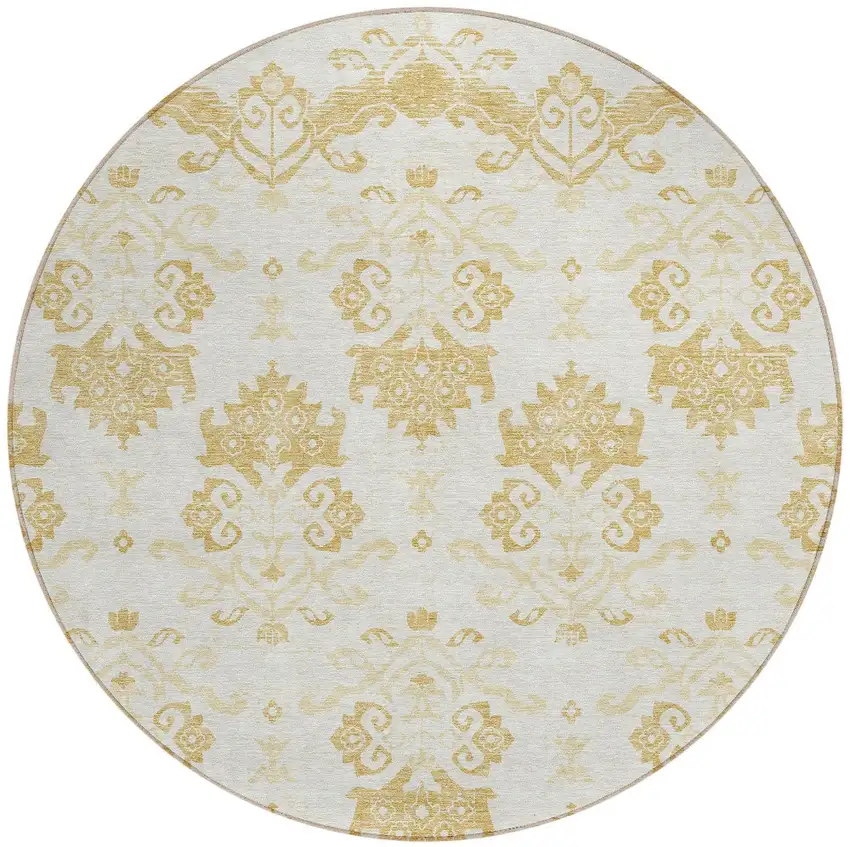 8' Gold Beige And Wheat Round Oriental Washable Indoor Outdoor Area Rug Photo 4
