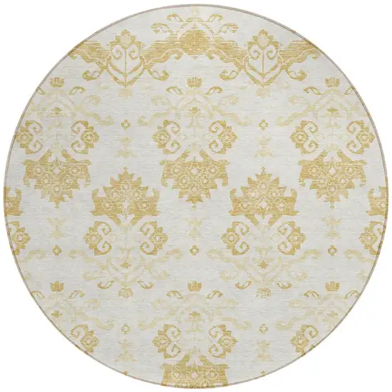 8' Gold Beige And Wheat Round Oriental Washable Indoor Outdoor Area Rug Photo 4