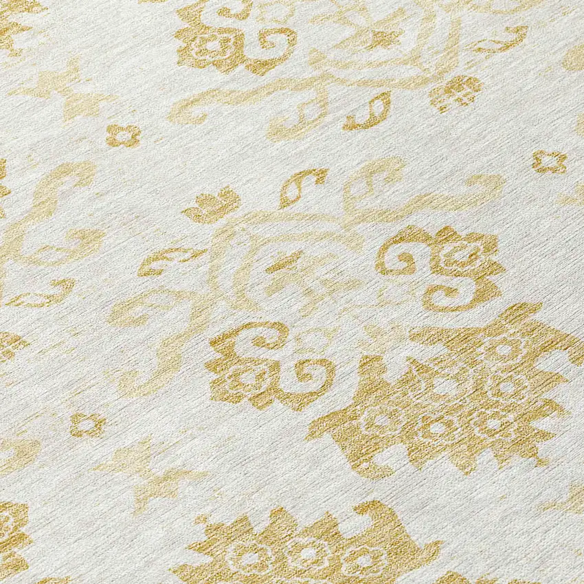 8' Gold Beige And Wheat Round Oriental Washable Indoor Outdoor Area Rug Photo 9