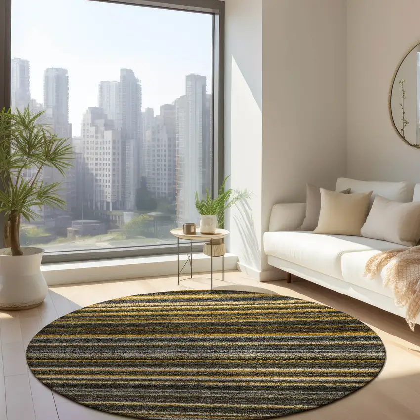 8' Gold Beige And Wheat Round Striped Washable Indoor Outdoor Area Rug Photo 7