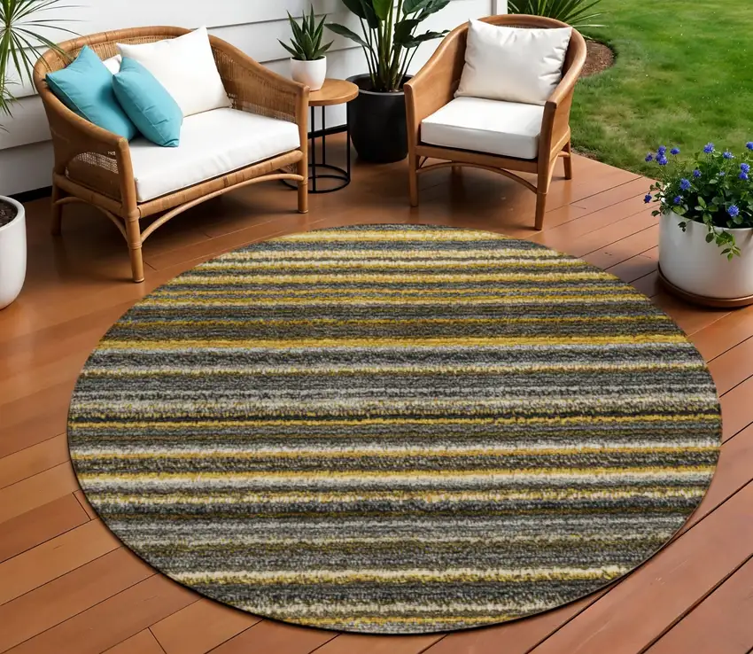 8' Gold Beige And Wheat Round Striped Washable Indoor Outdoor Area Rug Photo 1