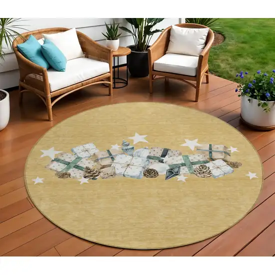 8' Gold Beige Ivory And Taupe Round Geometric Washable Indoor Outdoor Area Rug Photo 2