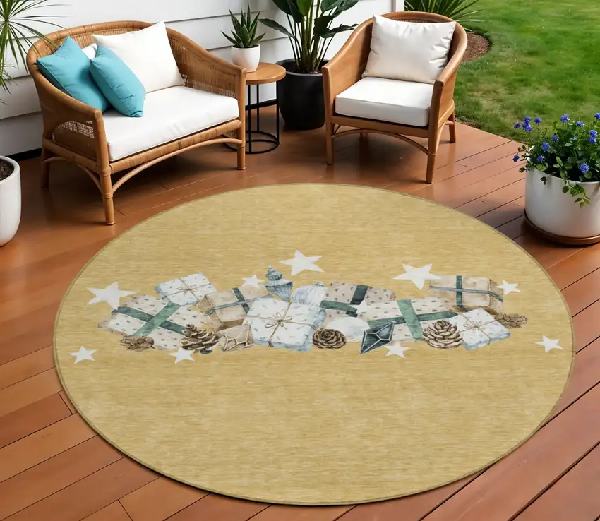 8' Gold Beige Ivory And Taupe Round Geometric Washable Indoor Outdoor Area Rug Photo 2