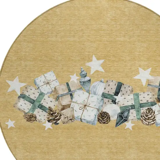 8' Gold Beige Ivory And Taupe Round Geometric Washable Indoor Outdoor Area Rug Photo 4