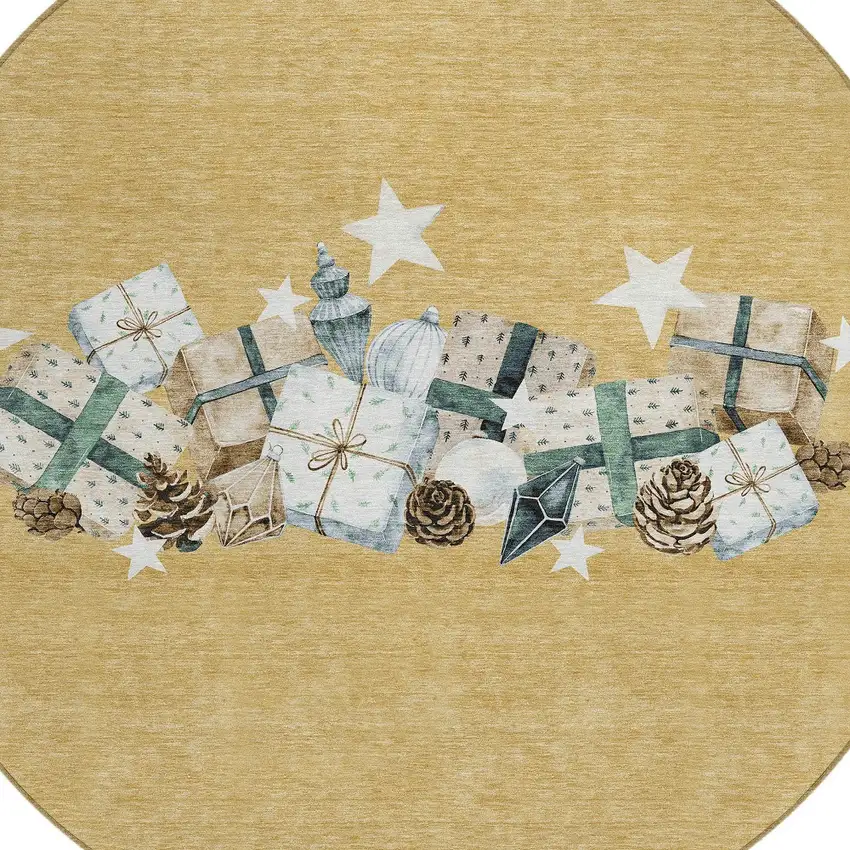 8' Gold Beige Ivory And Taupe Round Geometric Washable Indoor Outdoor Area Rug Photo 8