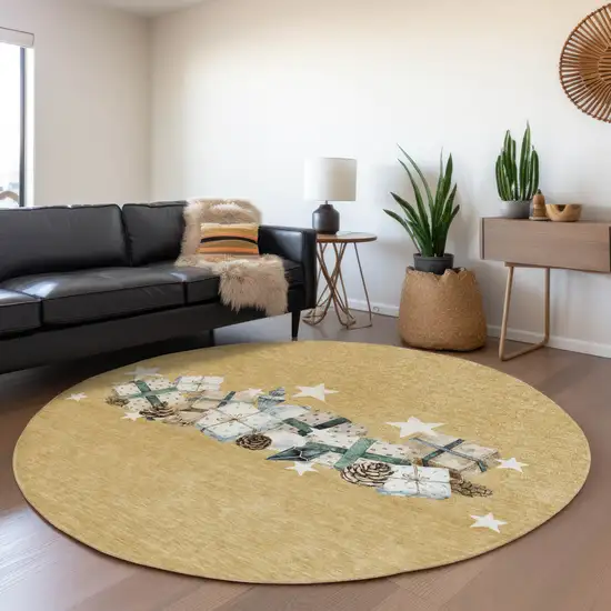 8' Gold Beige Ivory And Taupe Round Geometric Washable Indoor Outdoor Area Rug Photo 6