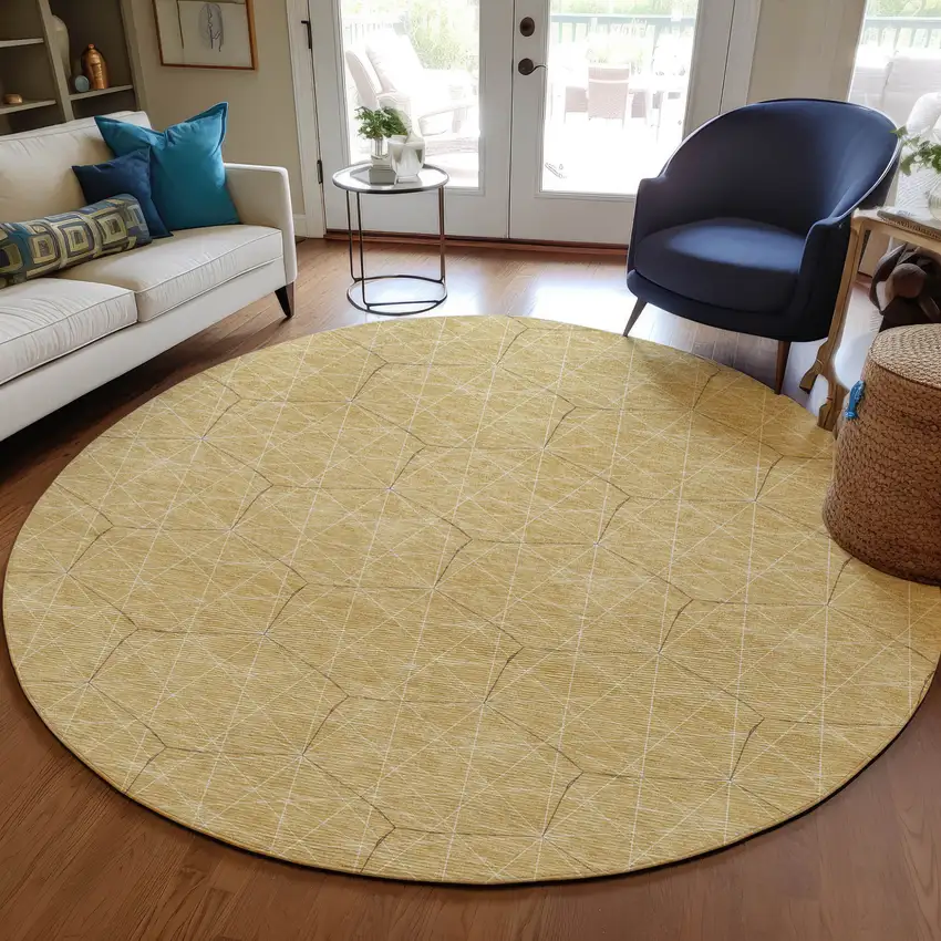 8' Gold Black And Beige Round Geometric Washable Indoor Outdoor Area Rug Photo 7