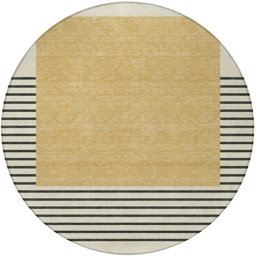 8' Gold Black And Beige Round Striped Washable Indoor Outdoor Area Rug Photo 5