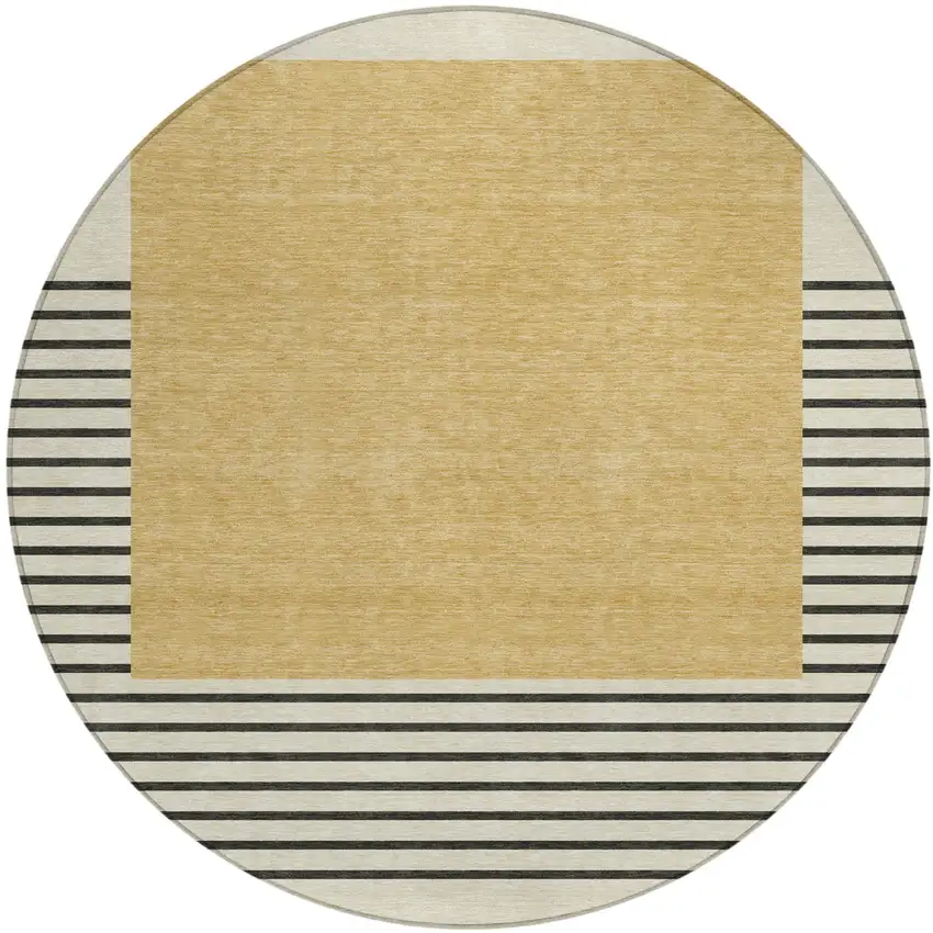 8' Gold Black And Beige Round Striped Washable Indoor Outdoor Area Rug Photo 2
