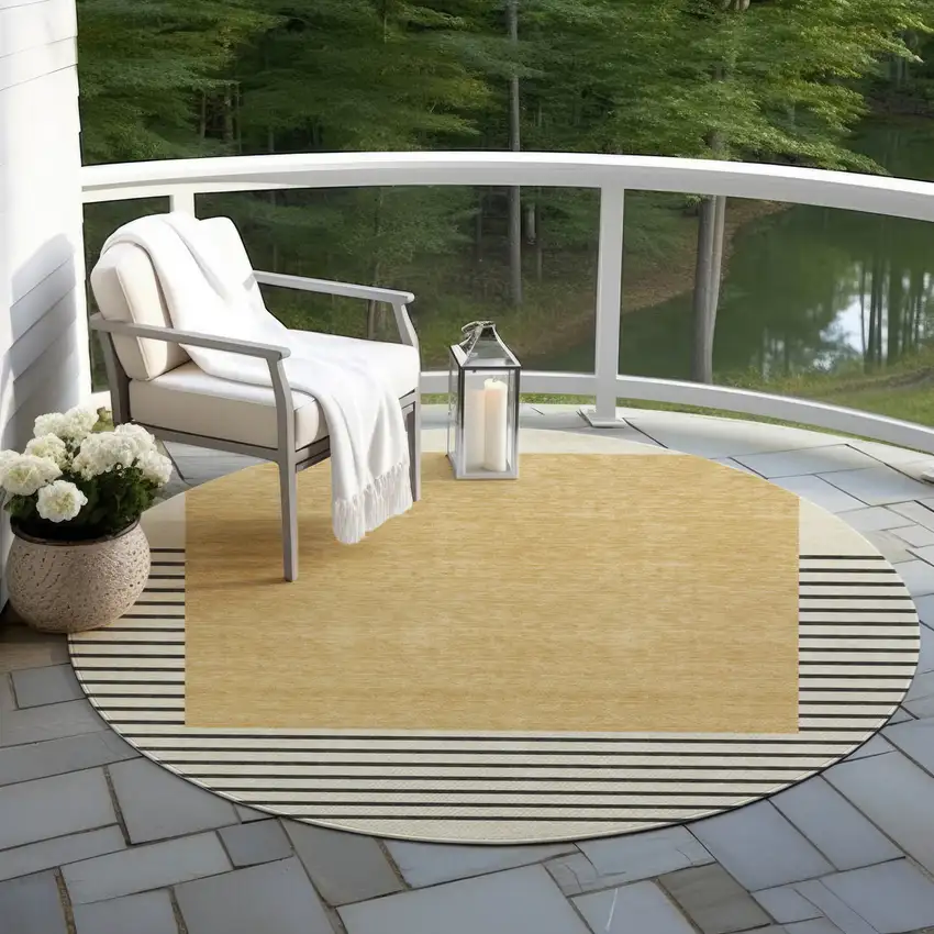 8' Gold Black And Beige Round Striped Washable Indoor Outdoor Area Rug Photo 6