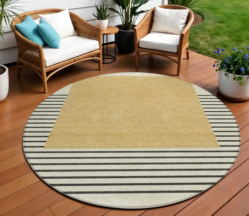 8' Gold Black And Beige Round Striped Washable Indoor Outdoor Area Rug Photo 1