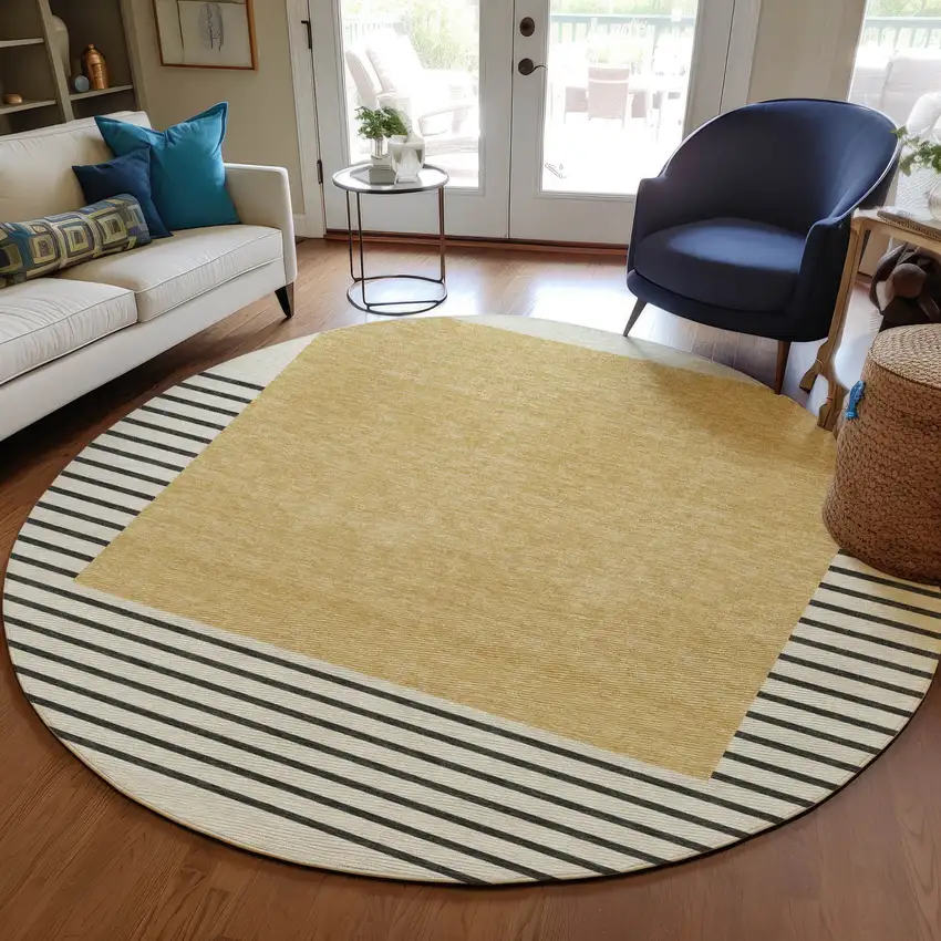 8' Gold Black And Beige Round Striped Washable Indoor Outdoor Area Rug Photo 7