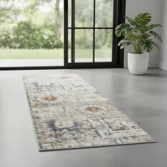 6' Gold Black And Gray Floral Distressed Runner Rug Photo 1