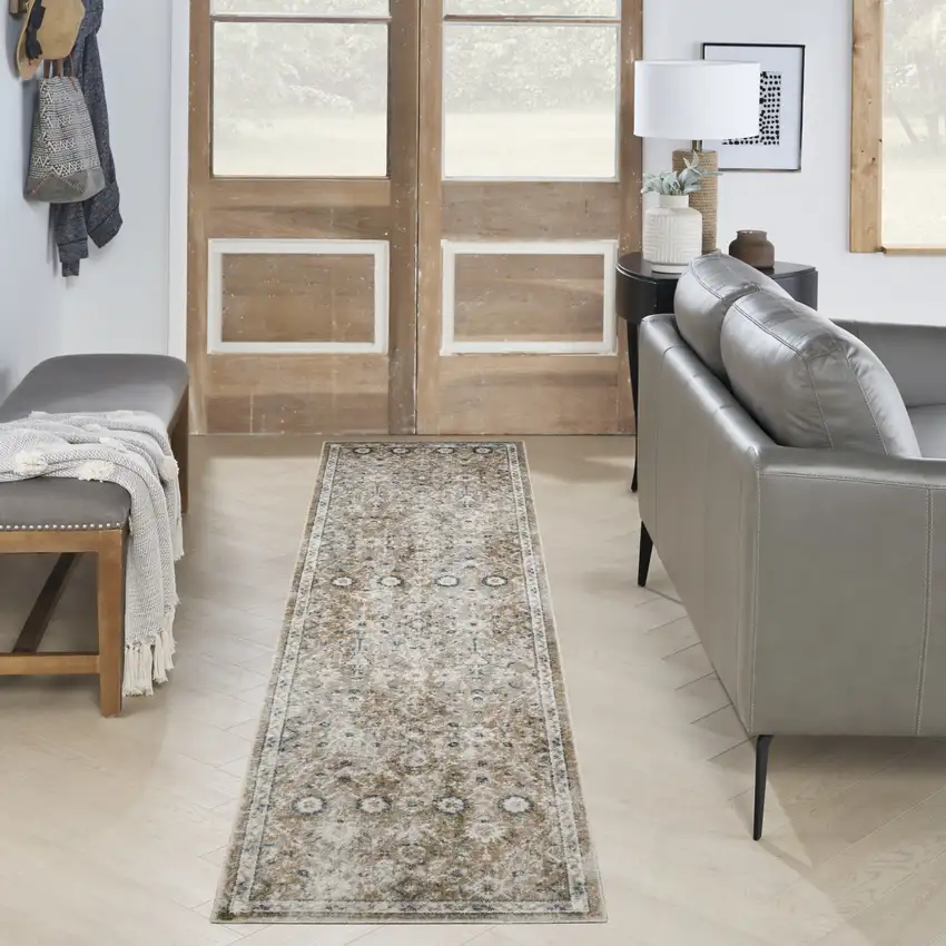 6' Gold Black And Gray Floral Distressed Runner Rug Photo 5