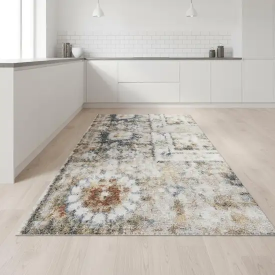 8' Gold Black And Gray Floral Distressed Runner Rug Photo 1