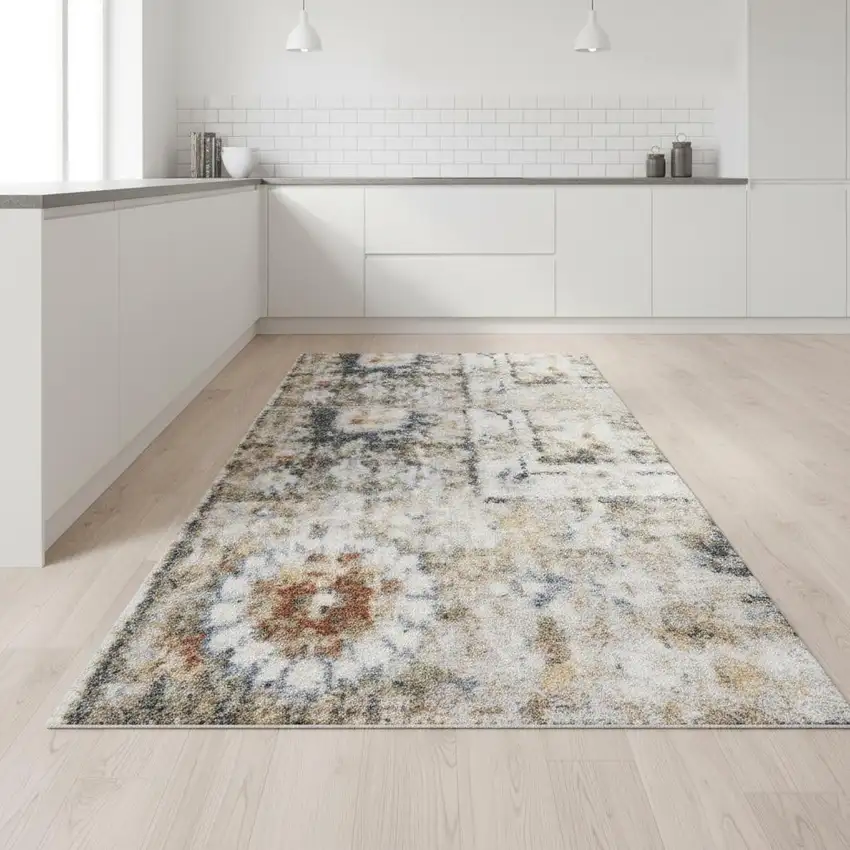 8' Gold Black And Gray Floral Distressed Runner Rug Photo 1