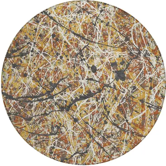8' Gold Black And Ivory Round Abstract Washable Indoor Outdoor Area Rug Photo 2