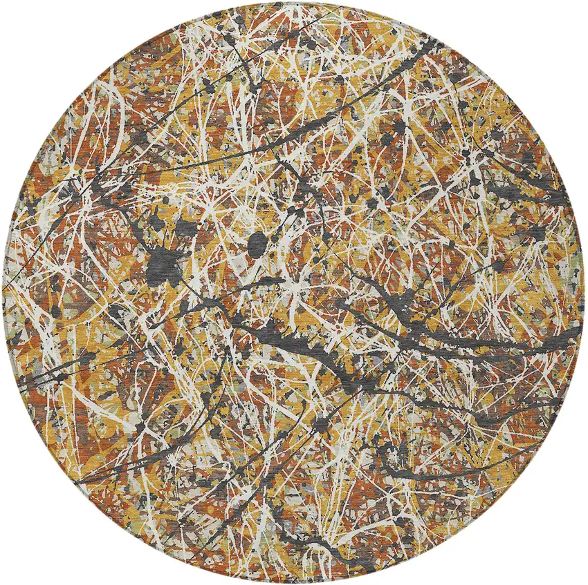 8' Gold Black And Ivory Round Abstract Washable Indoor Outdoor Area Rug Photo 3