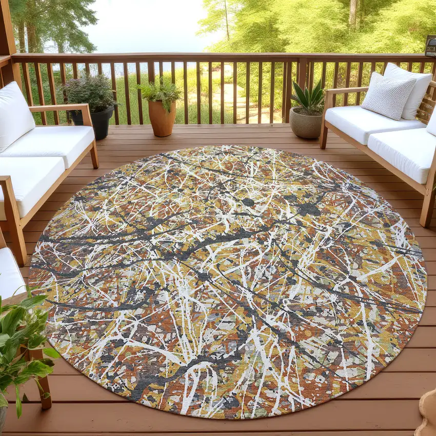 8' Gold Black And Ivory Round Abstract Washable Indoor Outdoor Area Rug Photo 4