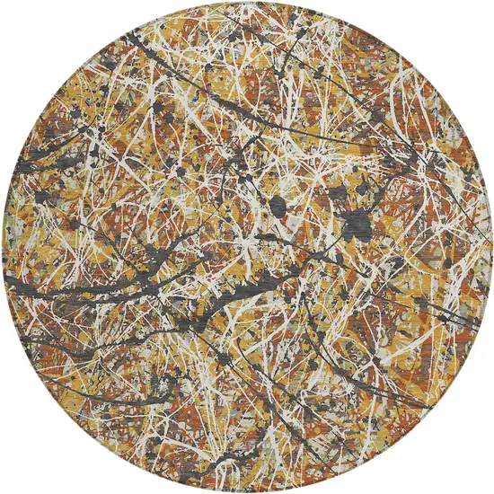 8' Gold Black And Ivory Round Abstract Washable Indoor Outdoor Area Rug Photo 1